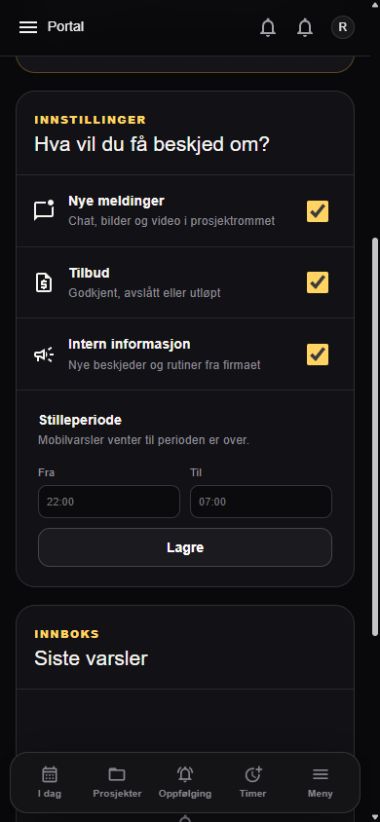 Coliqra mobilportal med varslingsinnstillinger og bunnmeny