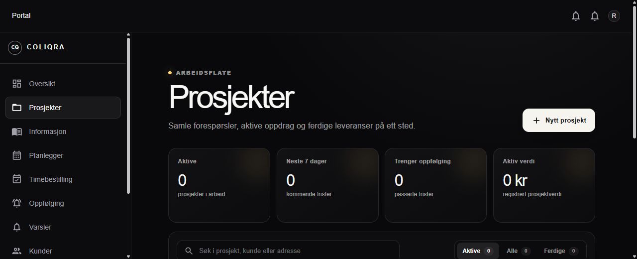 Coliqra prosjektoversikt på desktop med prosjektnavigasjon og nøkkeltall